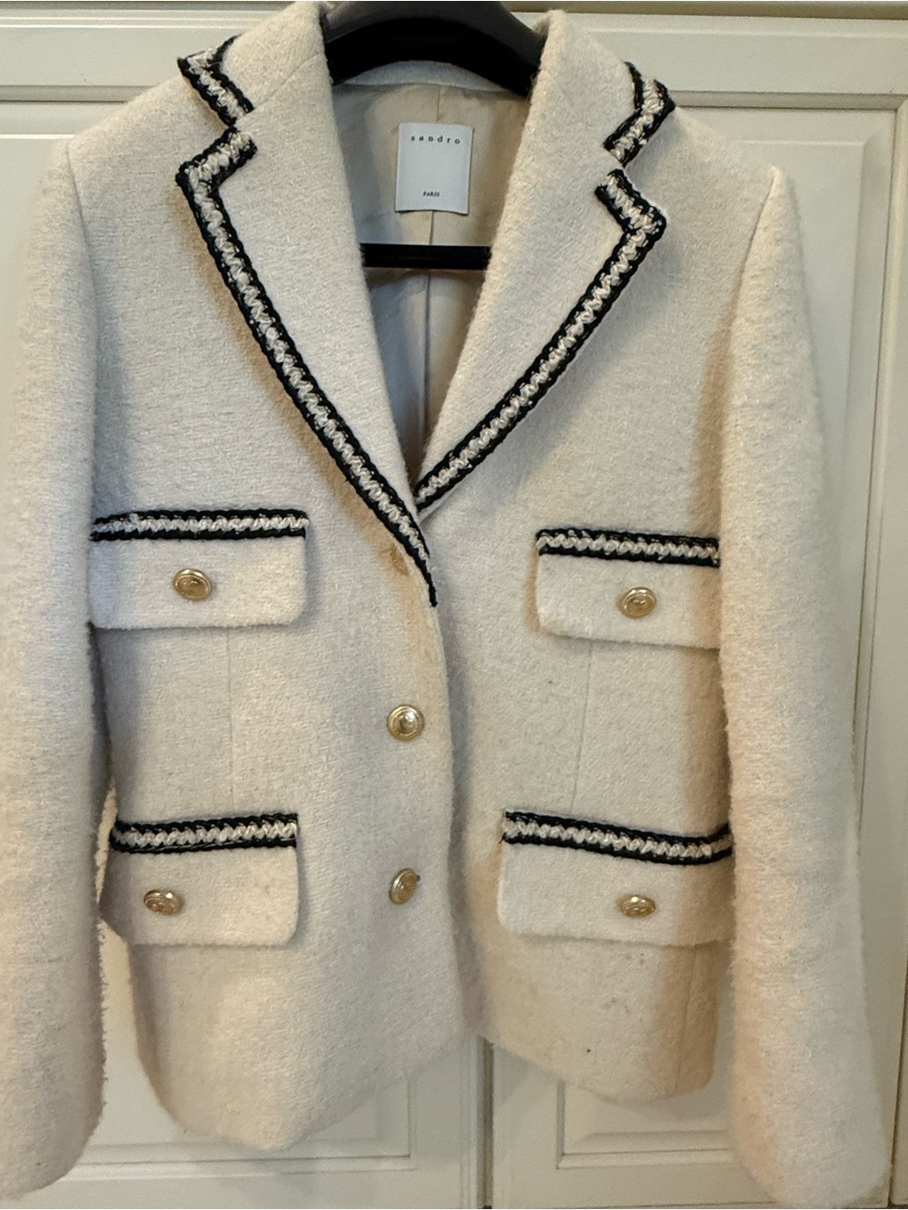 Sandro Cream Bouclé Blazer with Black Trim